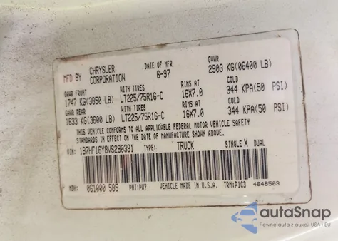 1997 Dodge Ram 1500 Lt из США, поврежденный, VIN 1B7HF16Y8VS290391